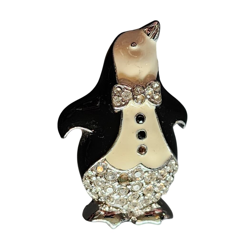 Formal Black Tie Dressed Penguin Brooch Pin Pave Crystal Rhinestone and Enamel
